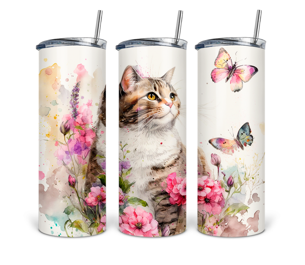 Cat floral and butterfly 20 oz Tumbler Sublimation Transfer