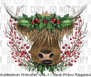 Christmas Highland Cow Wreath Sublimation Transfer