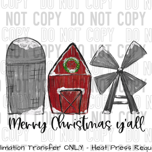 Merry Christmas Y'all Farm Buildings Sublimation Transfer